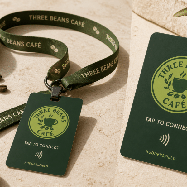 Three Beans Café branded NFC lanyard card and tap card