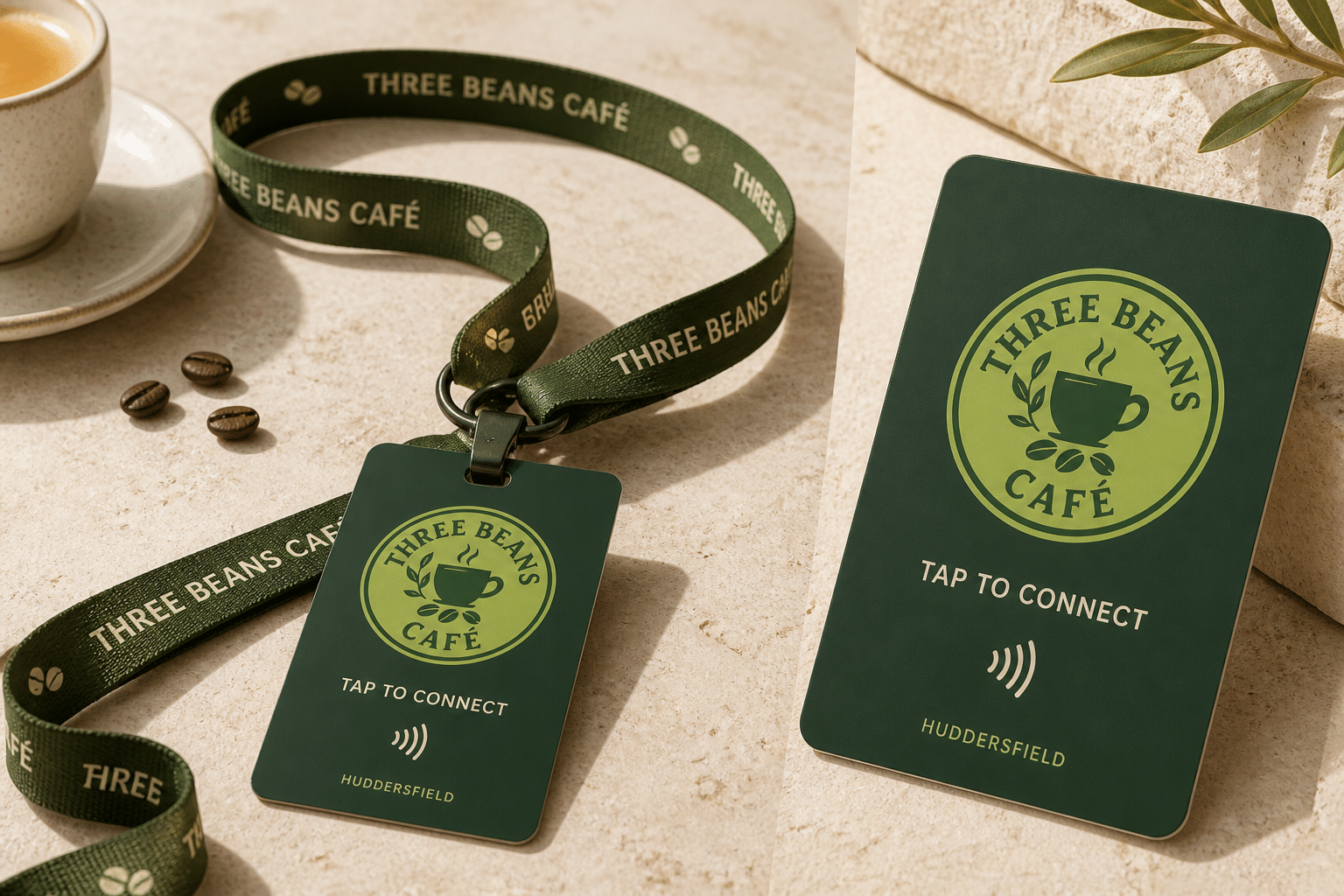 Three Beans Café branded NFC lanyard card and tap card